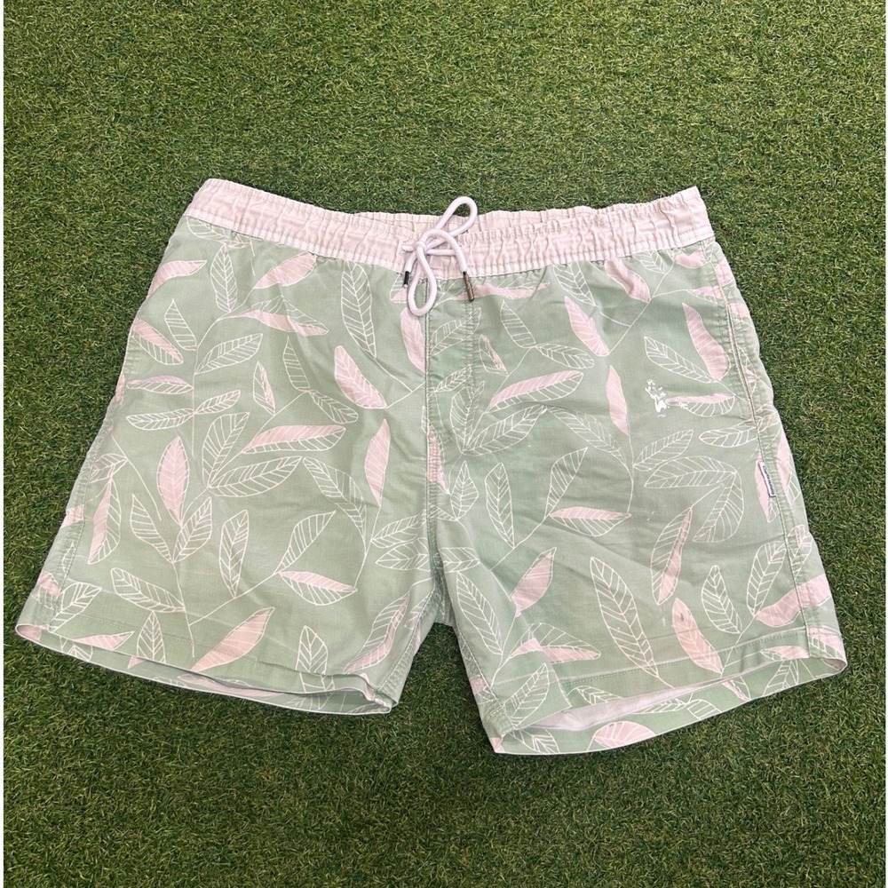 Charlie Holiday Mens Sage Green Pink Leaf Print Swim Trunks Size 32